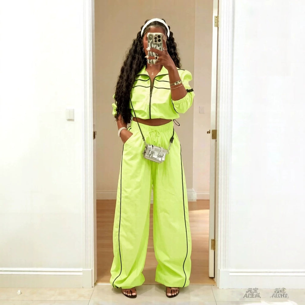 713 women's pant suit: fashionable sporty style zipper drawstring hem jacket + pocket wide-leg pants