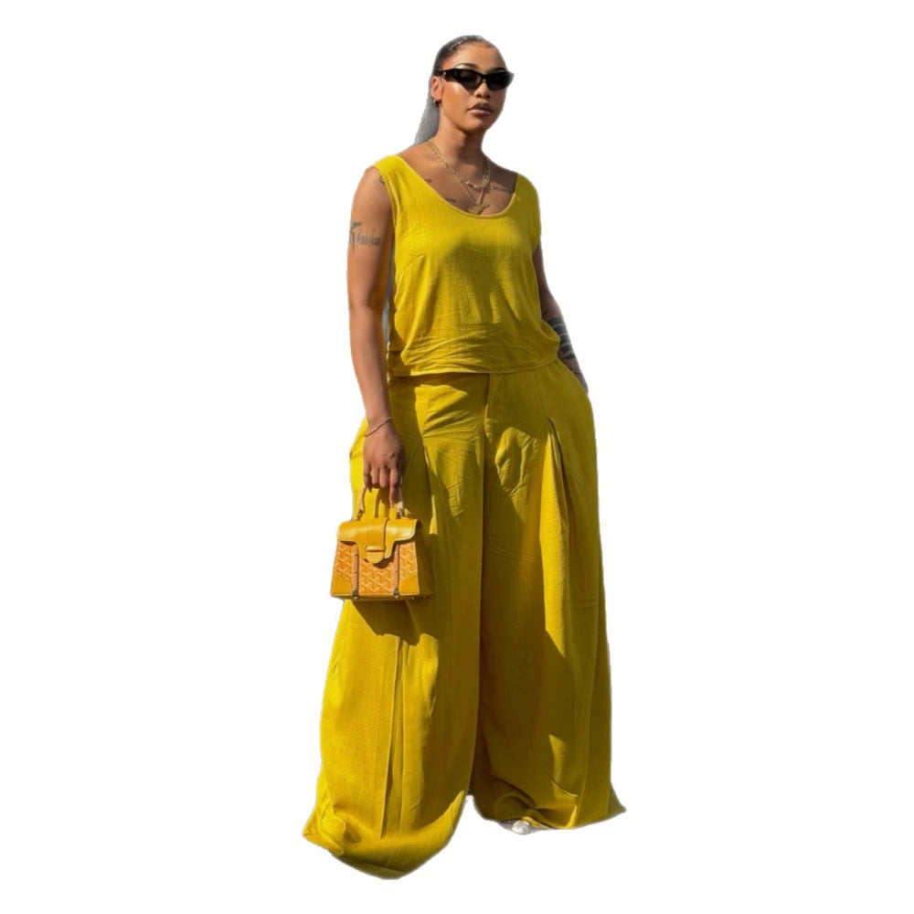 European and american cross-border women's clothing  summer new arrival: casual chic round neck sleeveless top and wide-leg pants set