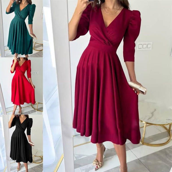 's new commuter solid color V-neck waist bubble sleeve big swing dress