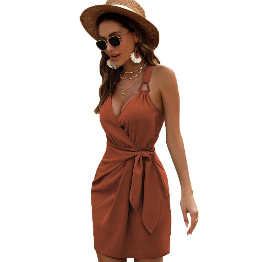 summer  cross-border european and american women's clothing sexy v-neck tie-waist vacation style cami dress