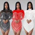 C6371 cross-border   fashion women's solid color mesh rhinestone long sleeve mini dress