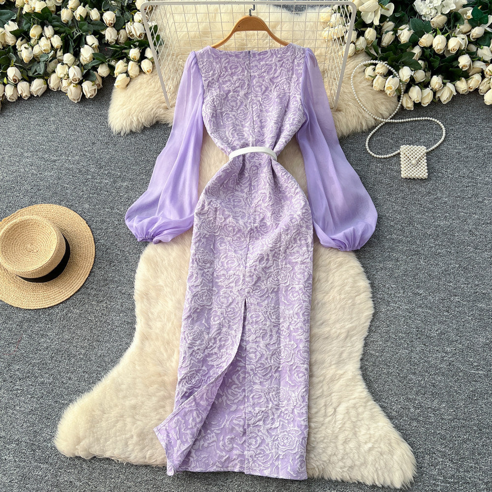 French style elegant puff sleeve lace dress - women's purple diamond-studded slit midi dress, slim fit and figure-flattering