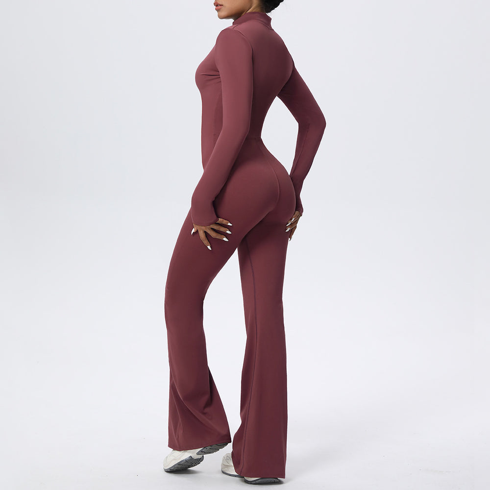New arrival nude yoga jumpsuit all-in-one stand collar quick-drying sports jumpsuit wide leg running fitness suit for women