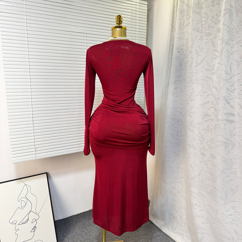 fashion evening dress 2026 spring new arrivalfashionelegant slim fit high round neck pleated hip cover long sleevesdress