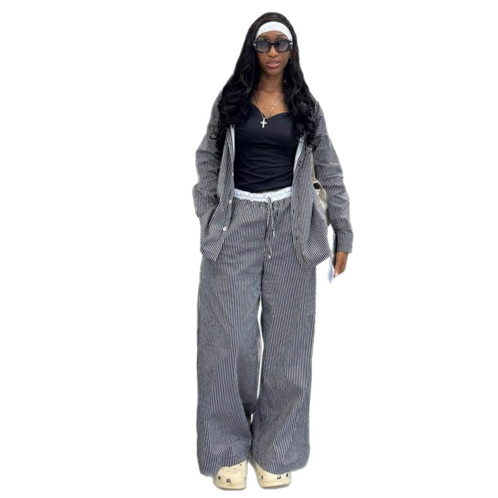 European and American large-size women's clothing casual fashion cardigan shirt African new elastic waist splicing striped trousers suit women