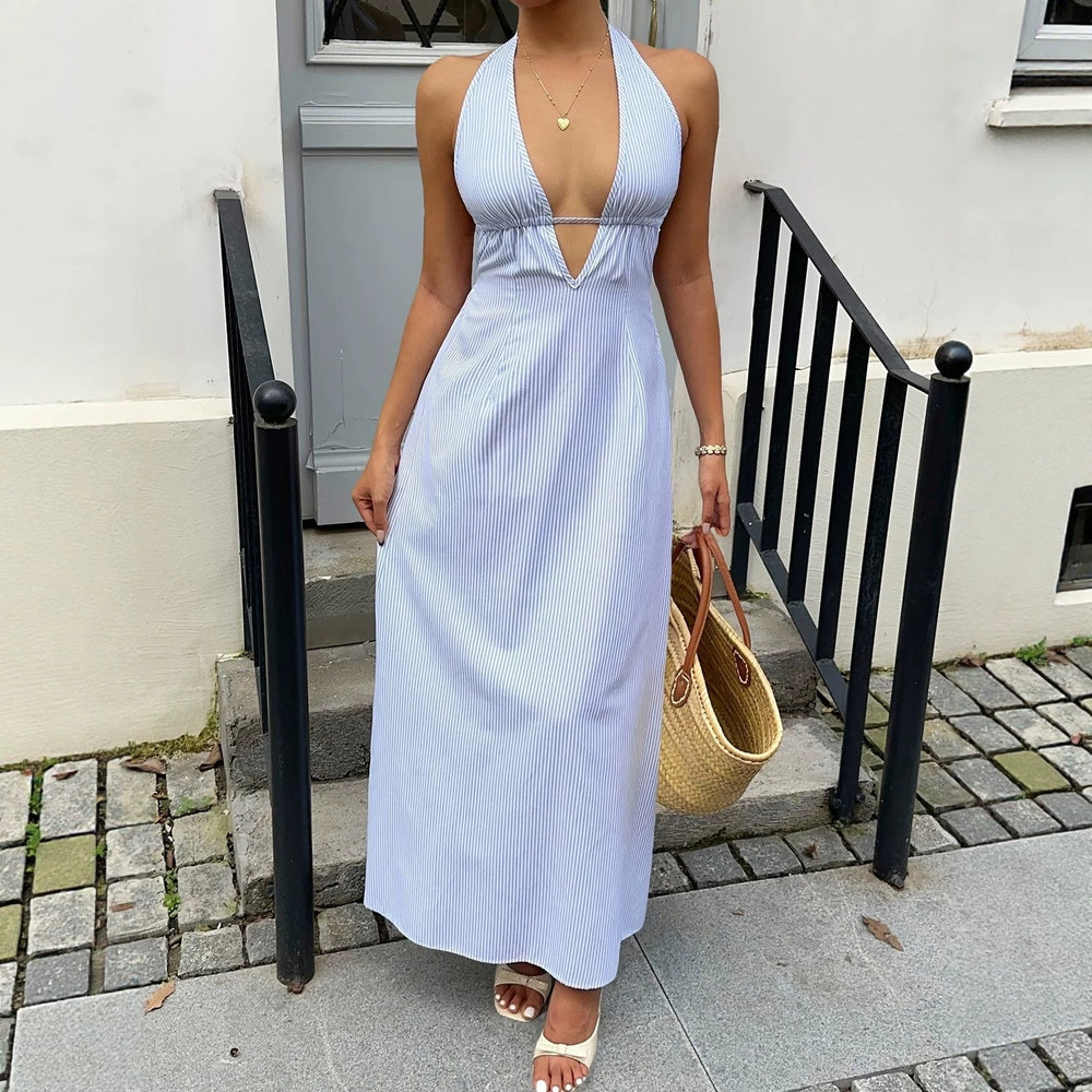 Summer fashion striped cami low-cut vacation style halter backless sexy tie-up maxi dress -