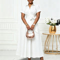 C8662  european and american women's clothing  summer new arrival: collared short-sleeve tie-waist solid color export dress