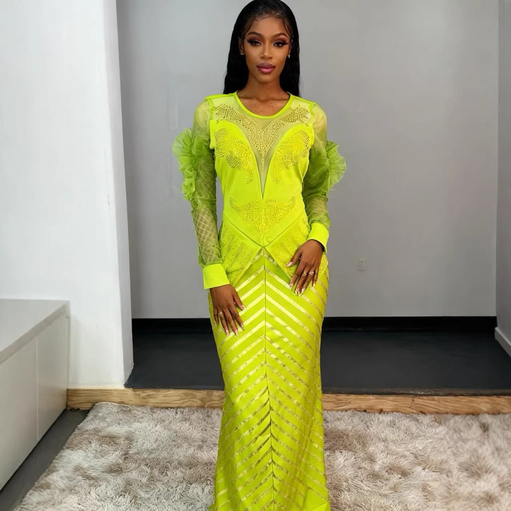 European and american cross-border african women's hotfix rhinestone & gold foil faux two-piece slim-fit dress
