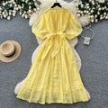 French yellow lace embroidery short sleeve dress women's summer high waist a-line dress commuter elegant long dress