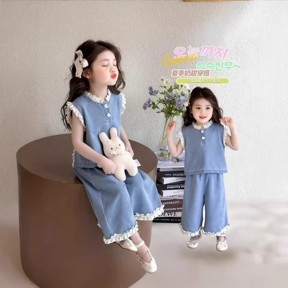 Girls' summer denim outfit:  new style kids' tank top and wide-leg pants fashionable two-piece set, baby summer clothes