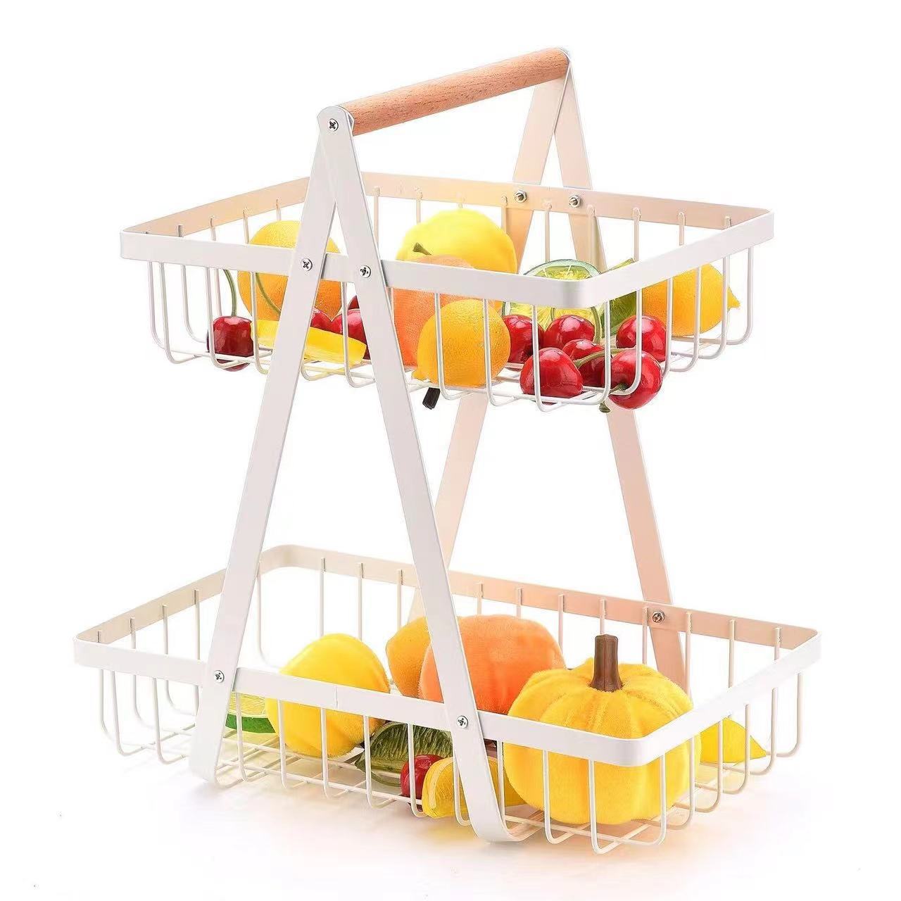 Cross-border double-layer wrought iron fruit and vegetable basket household kitchen fruit storage shelf modern living room desktop fruit basket metal