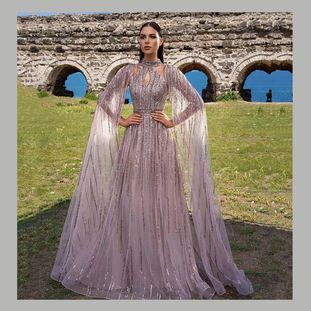 new spring/summer cross-border fashion: european and american style elegant mesh maxi dress with tassel and sequin evening gown