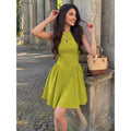 Women's summer new arrival: elegant and romantic solid color round neck bow hollow-out cinched waist a-line sleeveless mini dress