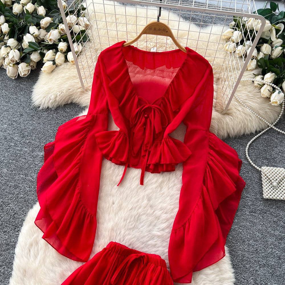 French riviera style red ruffle flare sleeve v-neck blouse and high-waisted midi skirt two-piece set - women's autumn chic