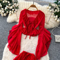 French riviera style red ruffle flare sleeve v-neck blouse and high-waisted midi skirt two-piece set - women's autumn chic