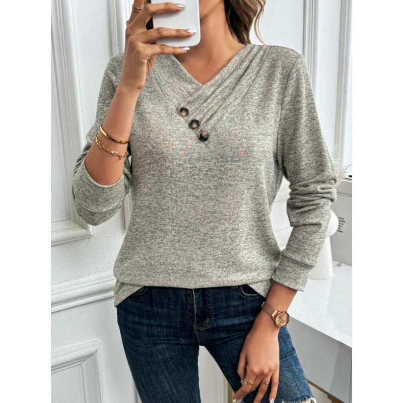 women's casual v-neck long sleeve knit top with decorative buttons - soft, comfortable cardigan shirt for everyday wear