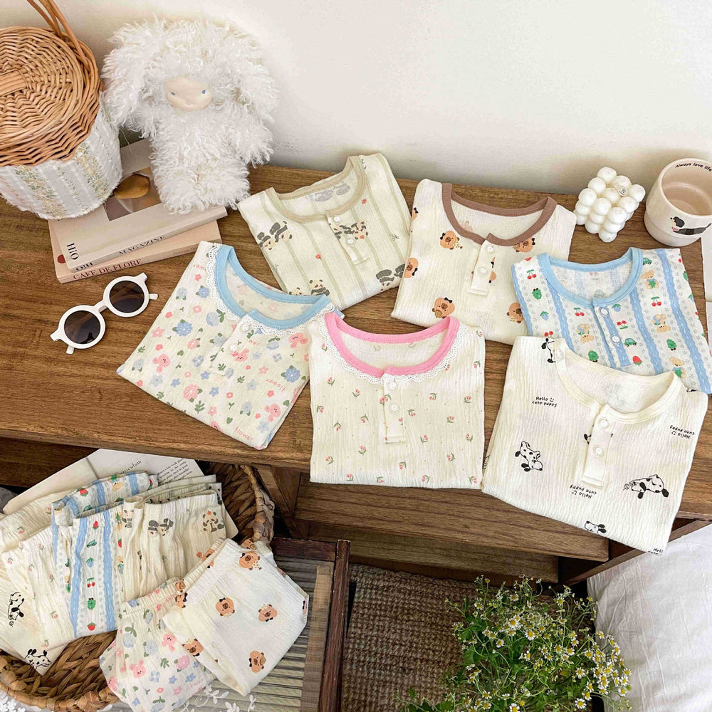 Summer lightweight crinkle cotton baby air conditioning suit set, separates pajamas, boys and girls' three-quarter sleeve loungewear