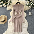 Minimalist chic knit long sleeve dress - women's autumn belted slim fit elegant mature style maxi dress