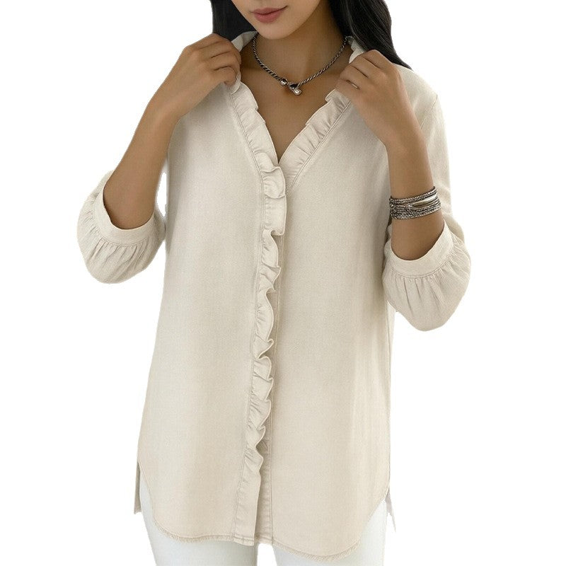 european and american export women's clothing: autumn casual fashion v-neck ruffle blouse top, new women's apparel