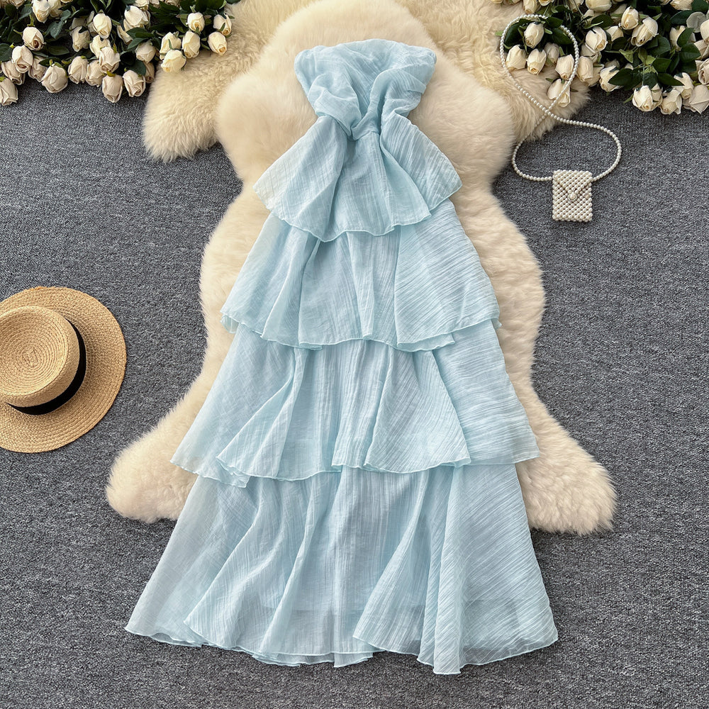 Sleeveless bandeau dress women's summer french style cinched waist slimming elegant vacation style long dress fairy cake dress