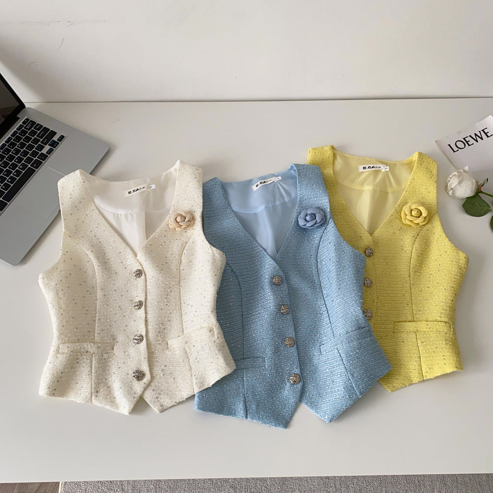 Xiaoxiangfeng socialiteclassysense stereo flower v neck sleeveless sequinvest women's layered outer shorttops