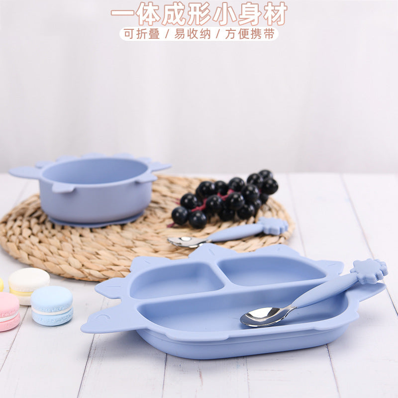 Customized silicone children's tableware set, logo food-grade saliva pocket, simple cartoon dinosaur silicone bowl