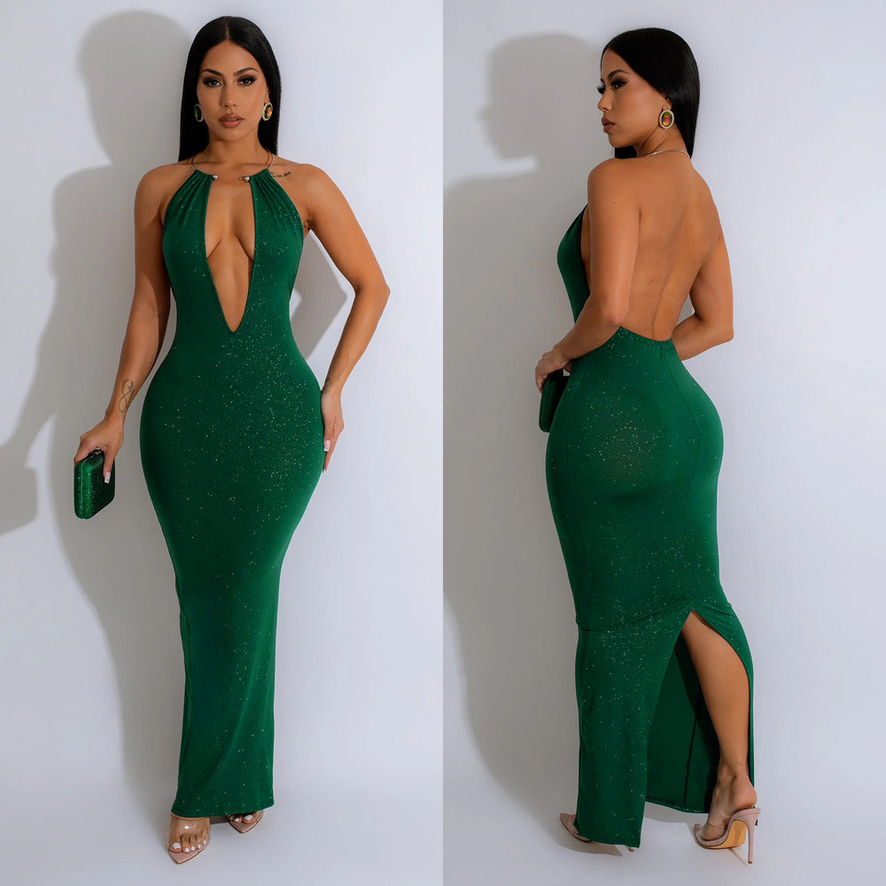 C6831 cross-border   fashion women's solid color cutout backless sleeveless maxi dress