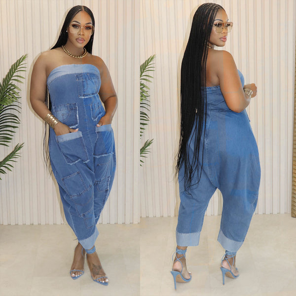QN5006 hot sale, Europe, America, denim tooling multi-pocket splicing washed loose sleeveless jumpsuit
