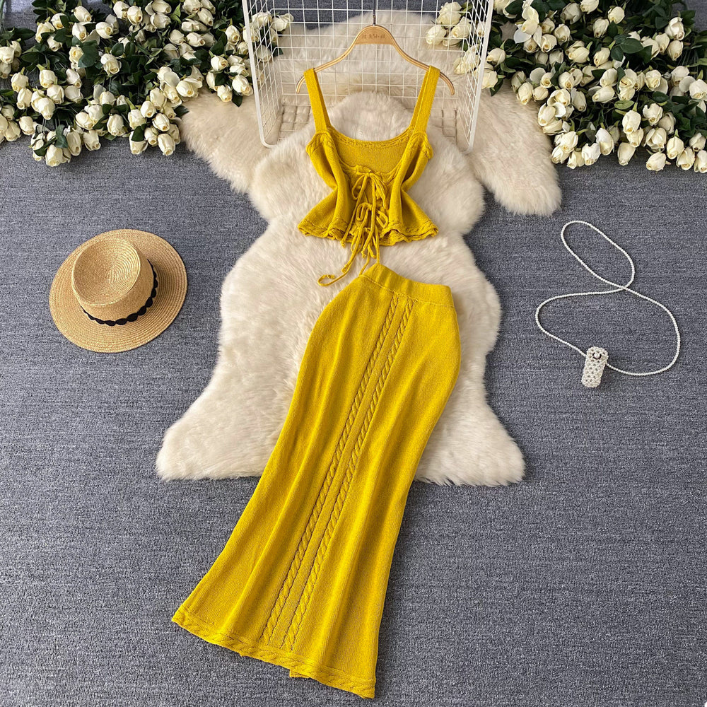 Women's summer knit two-piece vacation outfit: cutout tie-up cami top & high-waisted maxi skirt set