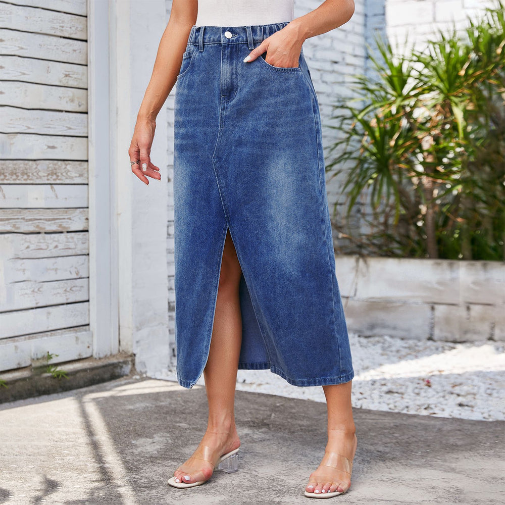 European and american cross-border women's fashion:  spring new arrivals -  independent store, washed denim midi skirt with elastic waist and slit
