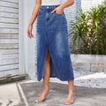 European and american cross-border women's fashion:  spring new arrivals -  independent store, washed denim midi skirt with elastic waist and slit