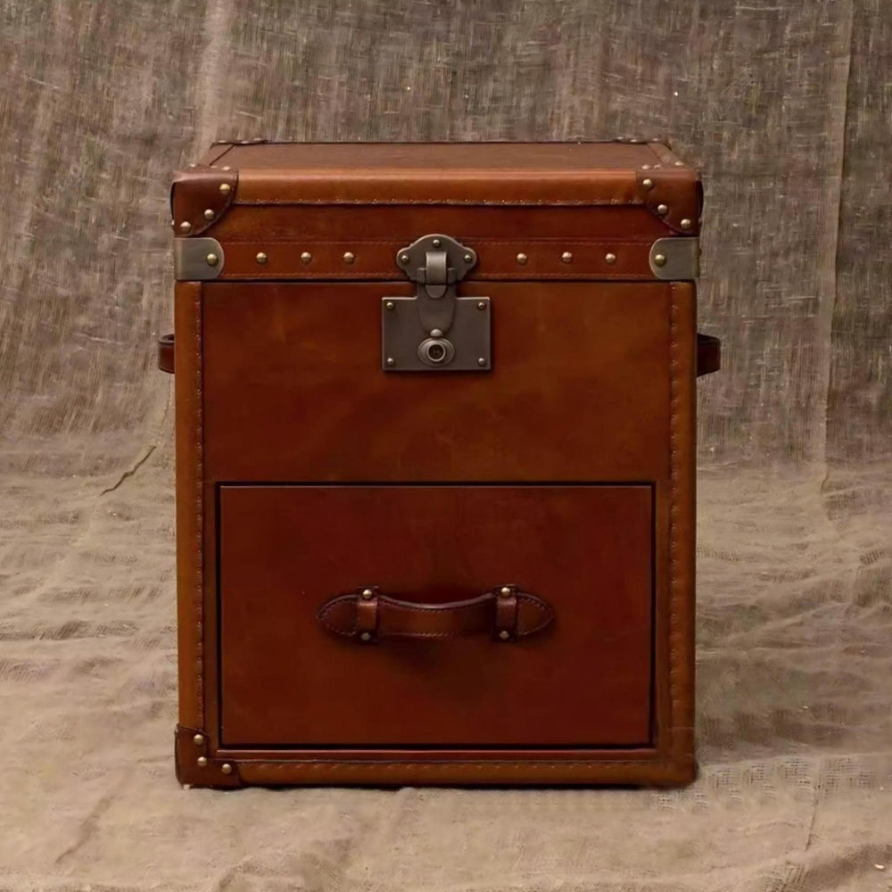 Second-hand style retro oil wax leather suitcase coffee table table old-fashioned creative genuine leather side table corner bedside table storage cabinet