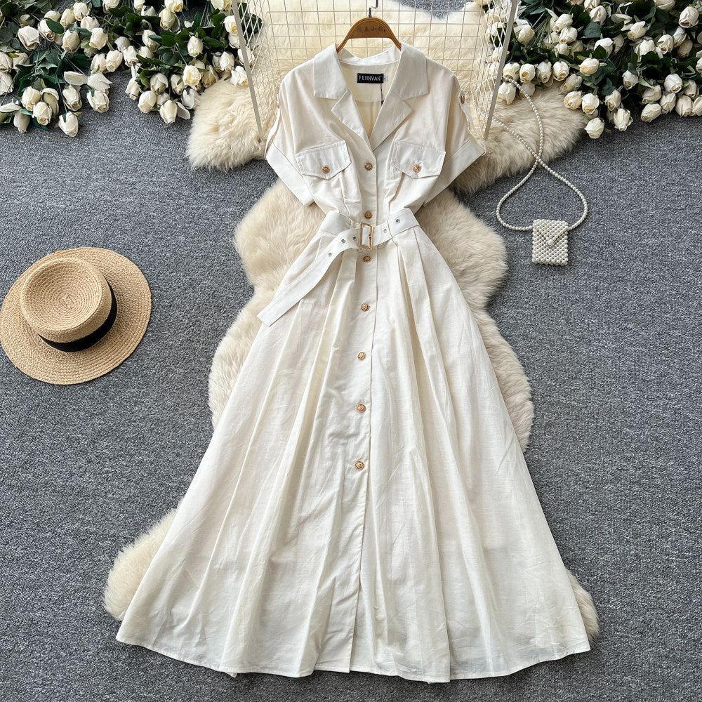 K-stylework clothing style short-sleeved a-line dress female summer light mature style pink waist slimming look light matureelegantelegance