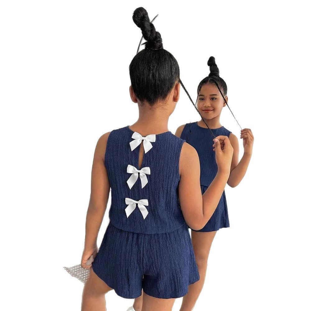 Girls' navy blue sweet sleeveless top with textured detail and back bow + shorts two-piece set
