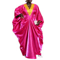 African plus size new loose v-neck batwing long sleeve dress, ruched waist, flared hem color block maxi dress