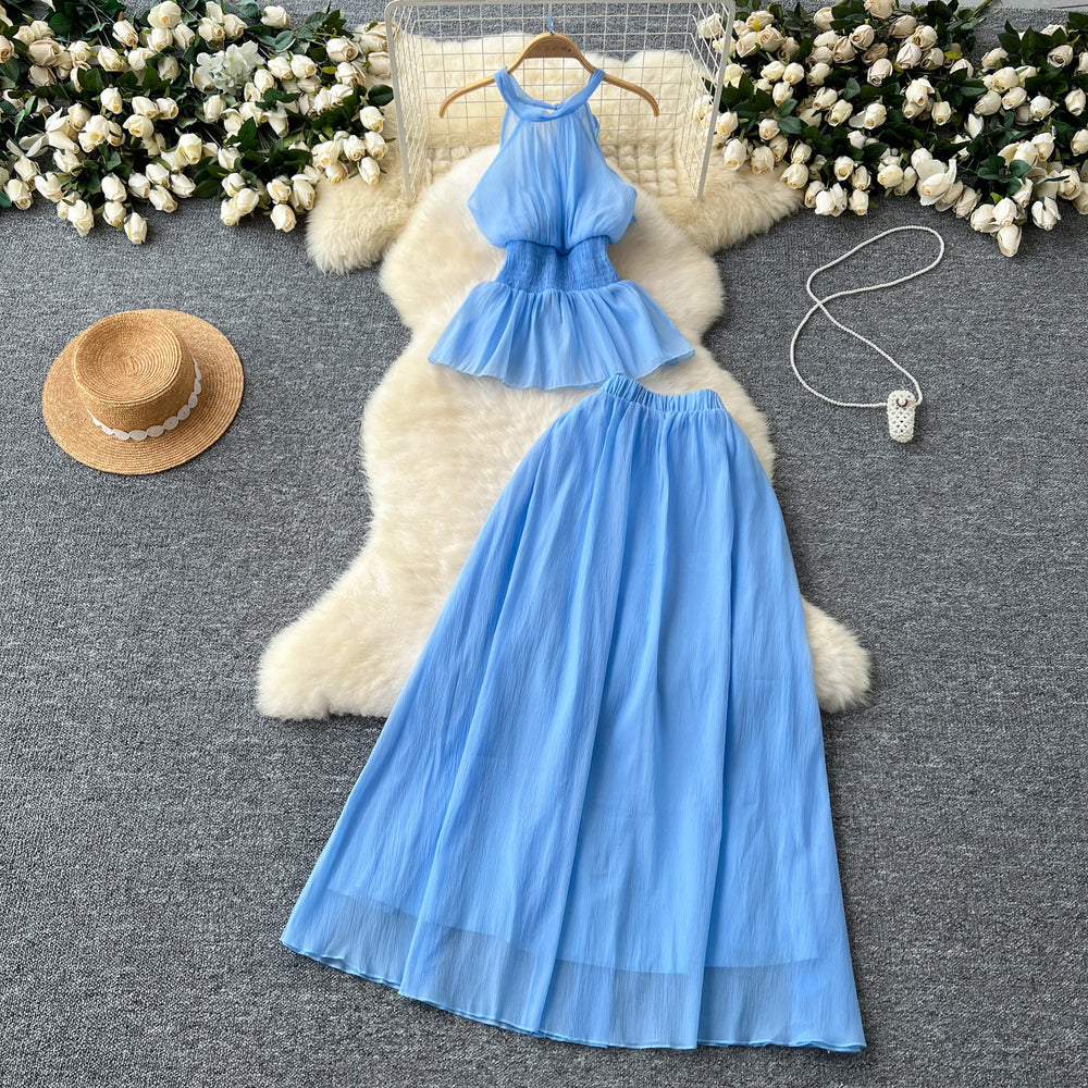 Vacation style suit women's summerfrench waist sleeveless haltertopshigh waistslimming look large swing skirt two-piece set