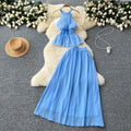Vacation style suit women's summerfrench waist sleeveless haltertopshigh waistslimming look large swing skirt two-piece set