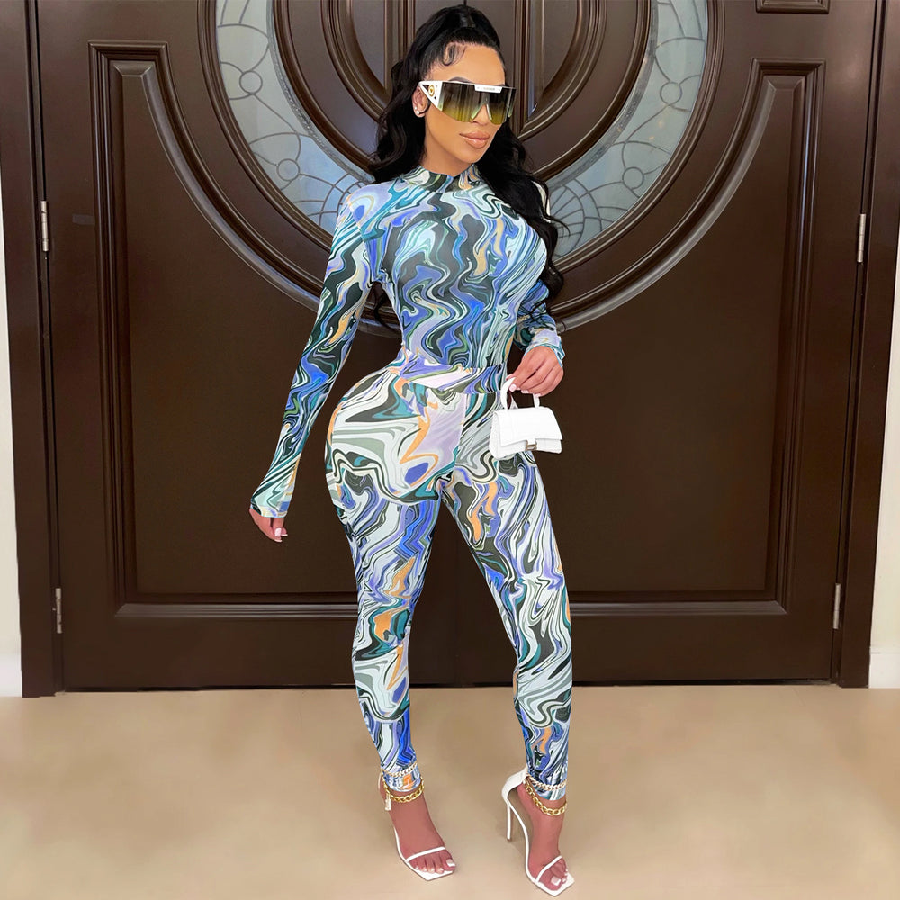 C5505    fashion women's painted bodycon long sleeve top and pants set with mesh sheer detail