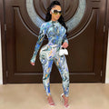 C5505    fashion women's painted bodycon long sleeve top and pants set with mesh sheer detail
