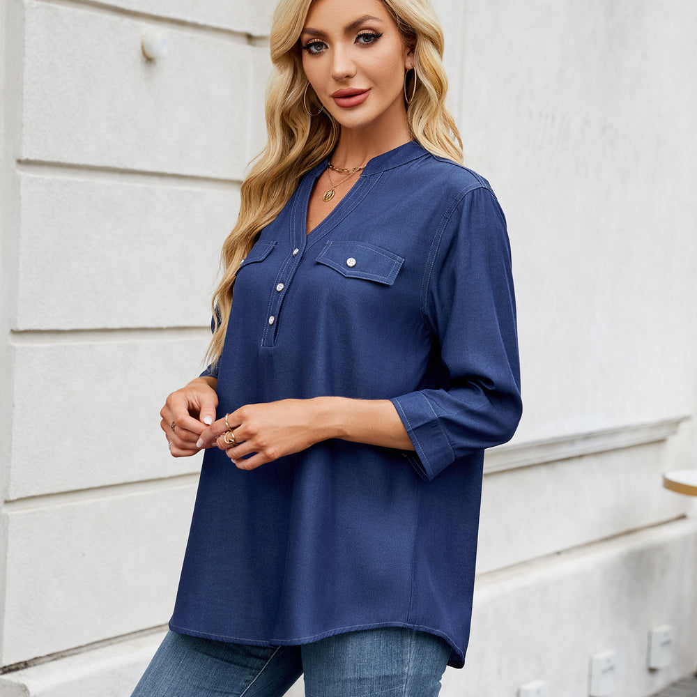 European and american cross-border e-commerce  women's spring/summer new arrivals:  &  casual loose-fit denim-look long shirt