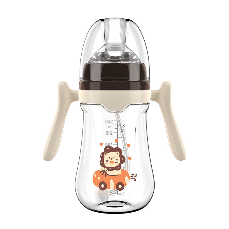 English boxed baby bottle anti-choking and anti-flatulence wide diameter bottle with handle and straw PP bottle wholesale