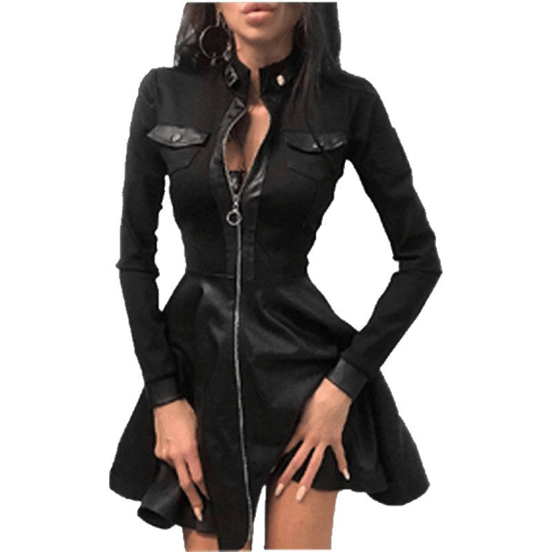 fall/winter new arrival: cross-border women's fashion dress - bestselling european & american style leather patchwork bodycon dress