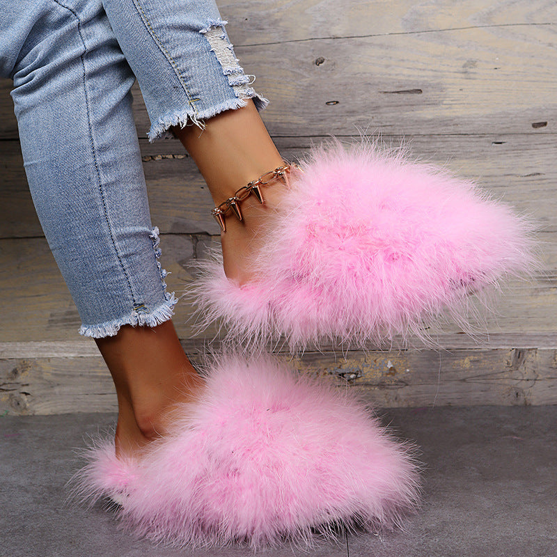 plus size indoor and outdoor fur slippers for women 2024 internet celebrity real fur toe cap for home office stuffed slippers for women