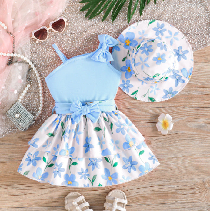 european and american cross-border girls' one-shoulder camisole three-piece set: floral cake dress + matching floral sun hat