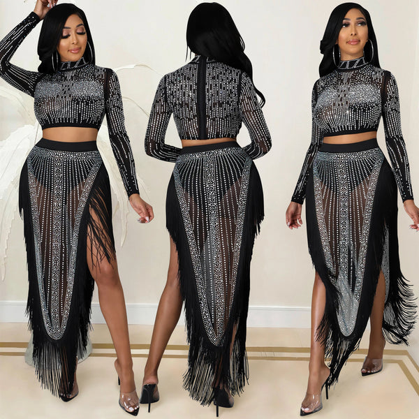 X5372   Europe and America sexy nightclub hot diamond mesh perspective long sleeve split skirt two-piece set