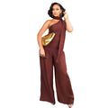 European and american women's clothing  autumn new collection: sweet and fresh tie-up one-shoulder halter high-waisted wide-leg jumpsuit pants