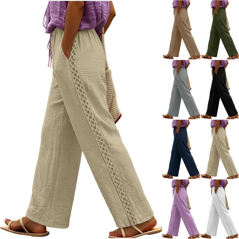 new european and american style women's fashion solid color lace trim elastic waistband pocket casual trousers