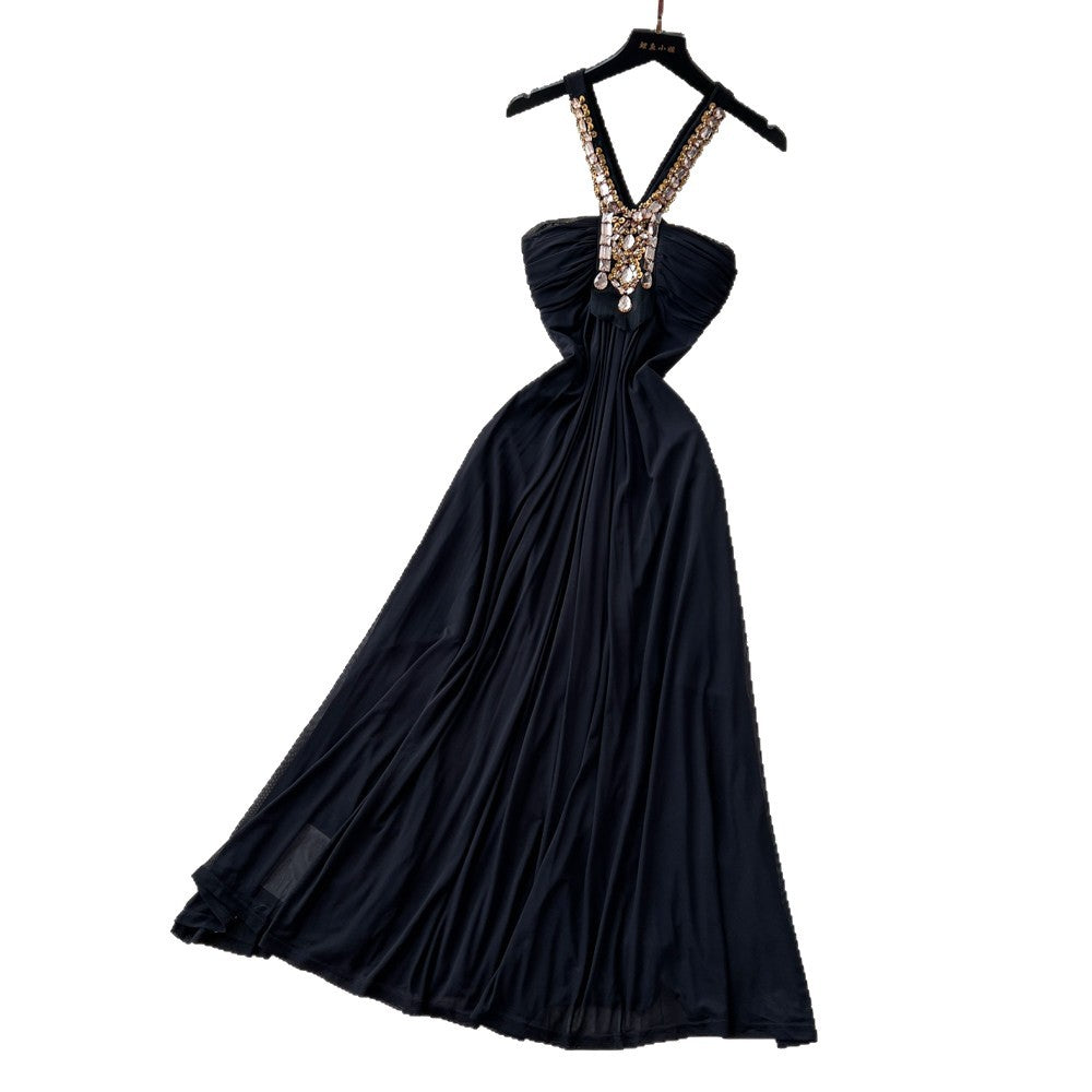 Accessible luxury diamond halter pure desire style dress women's summer black v neck waist slimming look large swing long skirt vacation style