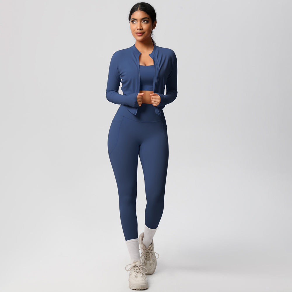 European and american new high-waisted tight-fitting pocket yoga outfit set - quick-dry brushed fabric, outdoor running fitness activewear three-piece set