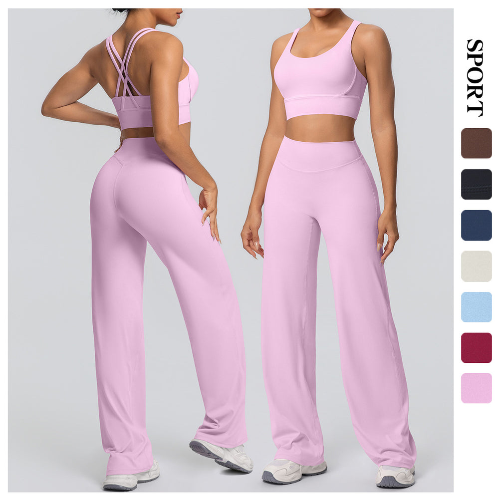Sexy criss-cross back sports bra set with high-waisted straight-leg wide-leg yoga pants - quick-dry outerwear for running and fitness